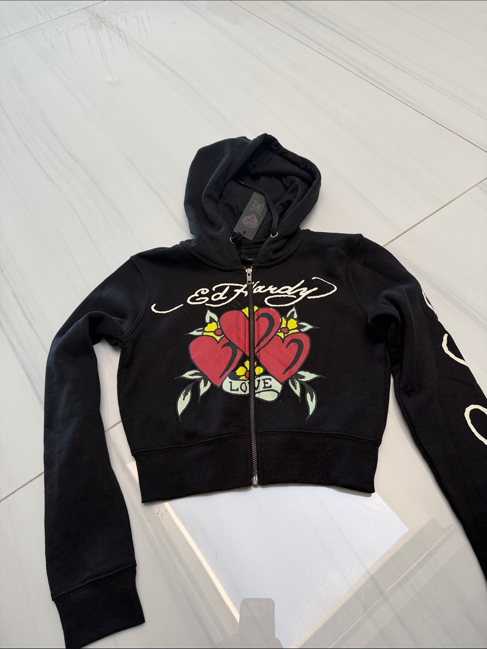 Ed Hardy Black Hoodie with Red Heart Tattoo Graphic